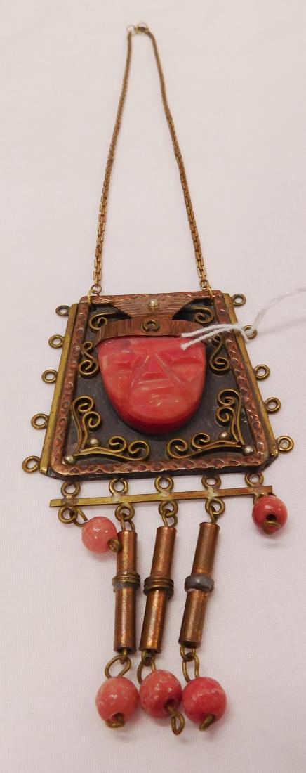 Mexican Copper Necklace w/Stone: Mexican Copper Necklace w/Stone, circa 1950s. Made of copper, brass and alabaster, the item hangs 13" as worn w/pendant. The pendant measures 2.5" x 4.5" x 0.75" with drops. Mexico. Fine carved stone,