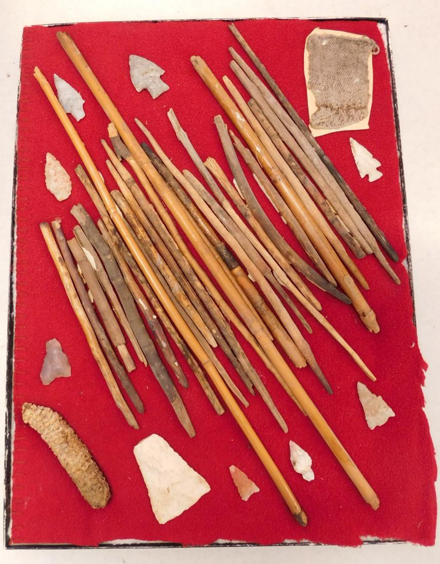 Hohokam Collection: Hohokam Collection, pre-historic items. Made of wood, stone, corn, cotton cloth, the items measure from 3/4" to 17". Hohokam, Arizona. About 30 arrow foreshafts and shafts. Fine cotton weaving and arr
