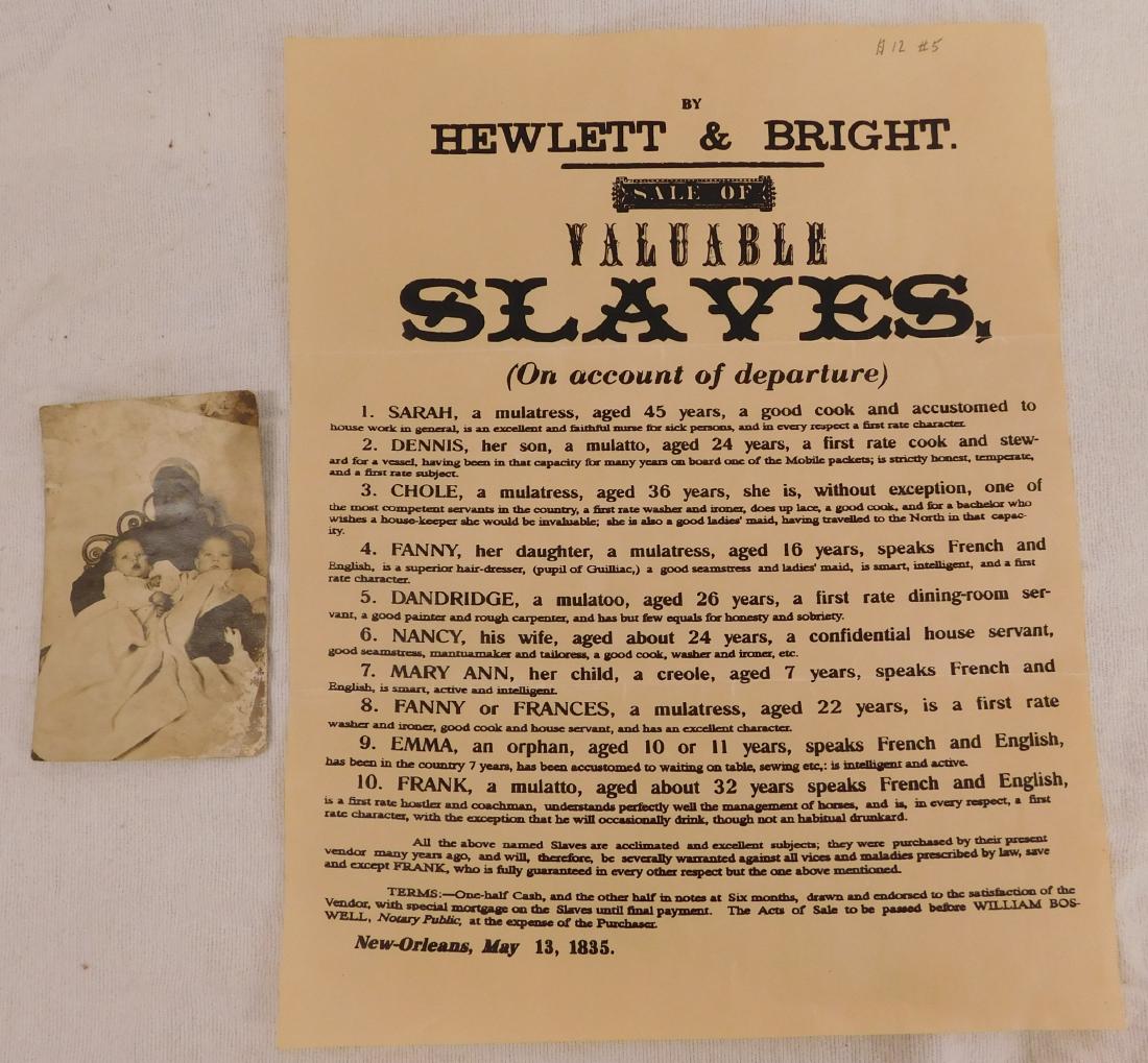 Black Memorabilia Historical Items: Black Memorabilia Historical Items, postcard from the 19th century, advertising piece is a newer 1835 copy. Made of paper, the items measure 14" x 11 and 5" x 3 1/4". USA, New Orleans. Interesting, ol