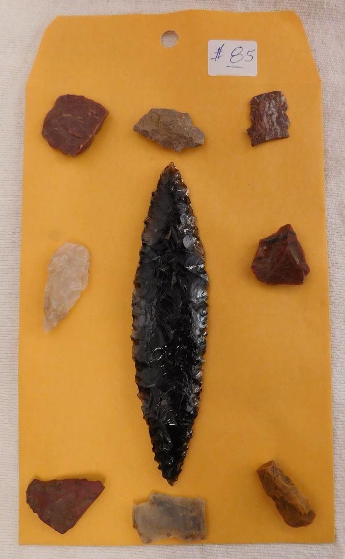 Double Pointed Obsidian Knife: Double Pointed Obsidian Knife, pre-historic item. Lot contains obsidian and chert scrapers, the knife measures 6" x 1 1/2". Humboldt County, California. Translucent knife. Condition: Good, see images.