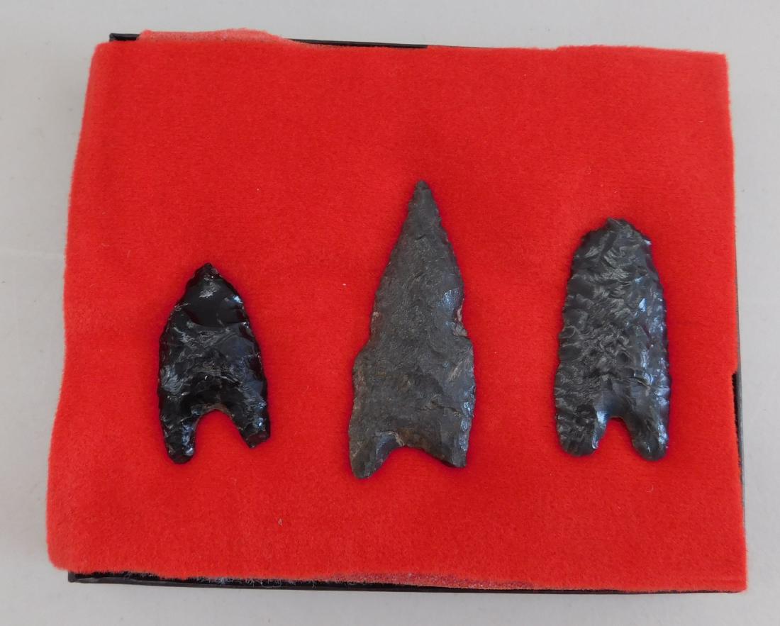 California Paleo Flint Collection: California Paleo Flint Collection, paleo period. Made of obsidian, the largest item measures 2.5". Kings County, California. Frame not included. Condition: As found, see images. Shipping: $20.00 w/ins