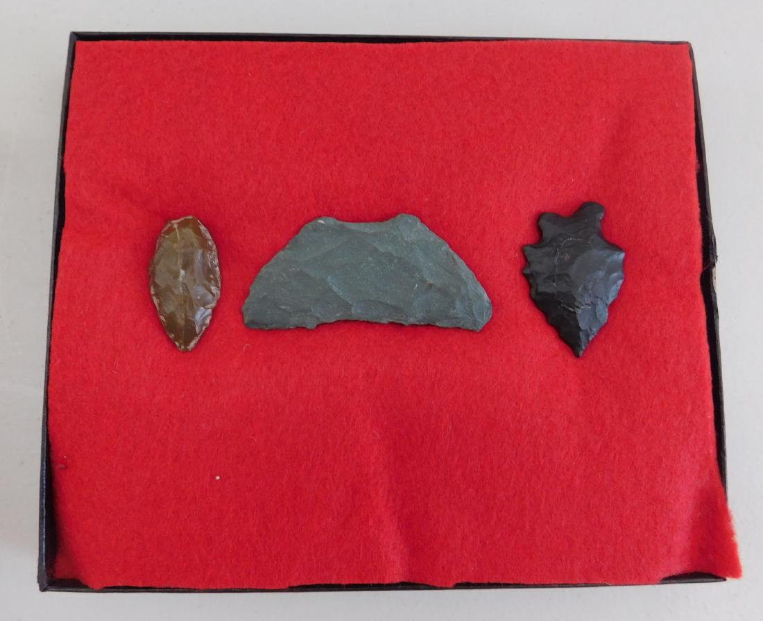 California Paleo Crescent Flint Collection: California Paleo Crescent Flint Collection, paleo period. Made of obsidian and chert, the largest item measures 2.5" long. Kings County, California, USA. Nice crescent and pinto point. Frame not inclu