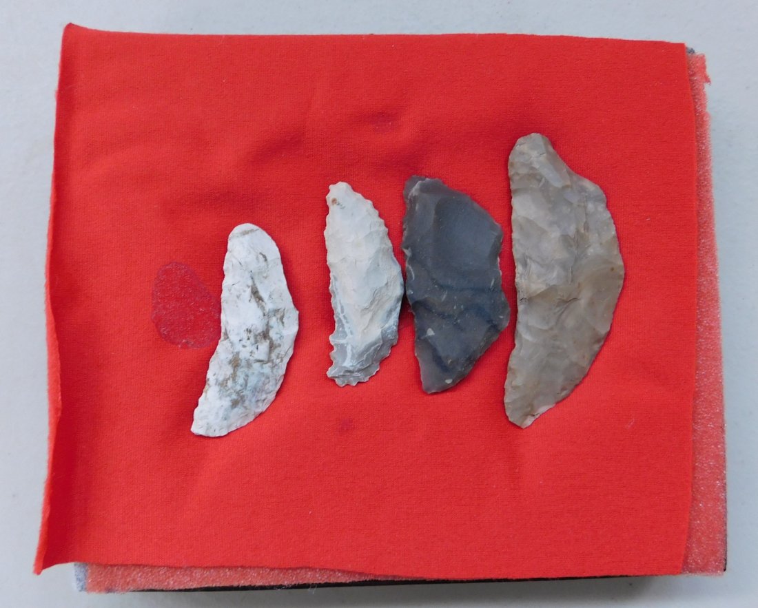 Paleo Crescents Artifact Collection: Paleo Crescents Artifact Collection, pre-historic items. Made of obsidian and chert, the items measure from 2" to 3.5". San Joaquin County, California. Rare and fine points, 4 crescents. Frame not inc