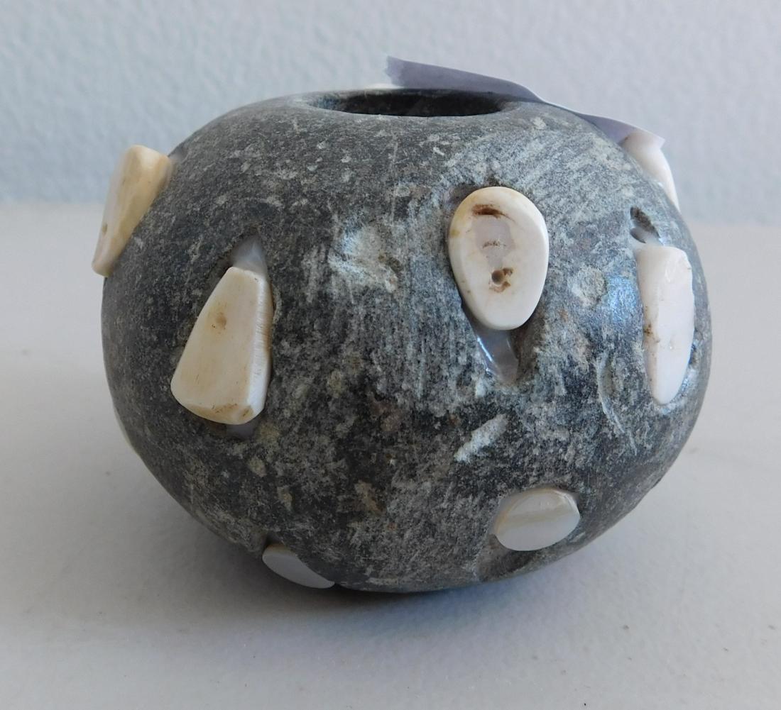 Ancient Afghan Mace Head: Ancient Afghan Mace Head, circa 3000 years old. Made of steatite and added shell, the item measures 2.75" x 2.75" x 2". Afghanistan. Very rare item. Condition: Has some shell inlay added, original inl