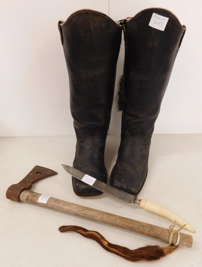 Rendezvous Boots, Axe, and Knife: Rendezvous Boots, Axe, and Knife, knife dated 1865, boots and axe are 20th century items. Made of leather, steel, antler and wood, the boots are size 10-11, 4" x 11.5" x 17" tall, knife is 16" long an