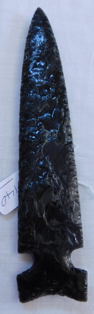 Obsidian Spear: Obsidian Spear, pre-historic item. Made of obsidian, the item measures 12" long. Hupa, California. Condition: Good, see images. Shipping: $30.00 w/insurance and signature, due to value, double-boxed.