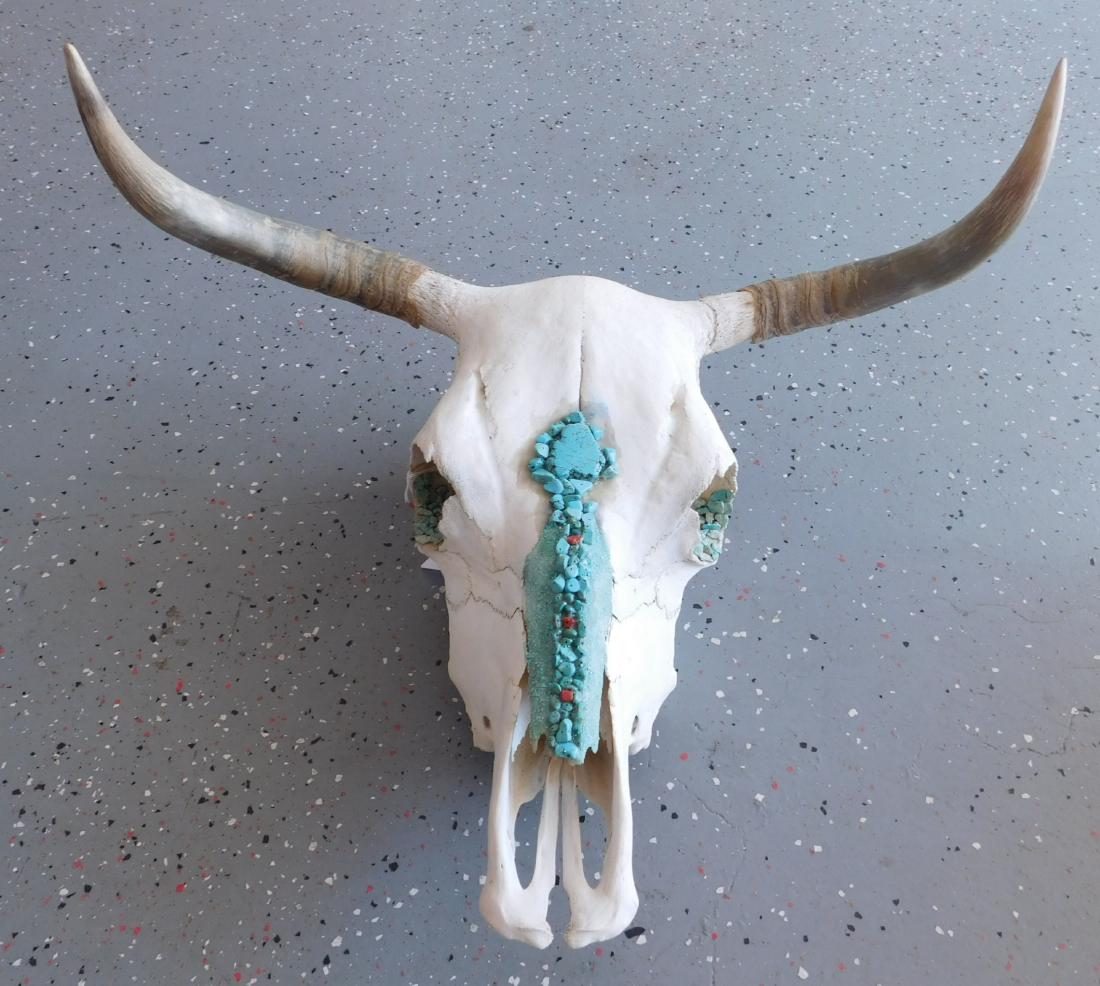 Steer Skull w/Turquoise: Steer Skull w/Turquoise, c. 1970s. Made of bone and turquoise inlay, the item measures 22" x 18" x 7". New Mexico. Nice clean skull with detachable horns. Condition: Good, see images. Shipping: $40.00