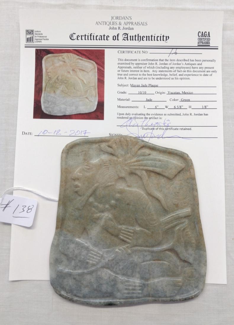 Mayan Jade Plaque w/John Jordan COA: Mayan Jade Plaque w/John Jordan COA, pre-Columbian item. Made of jade, the item measures 6" x 6 5/8" x 1/8". Mayan, Mexico. Corners are drilled. From an old, 1960s California collection. John R. Jorda
