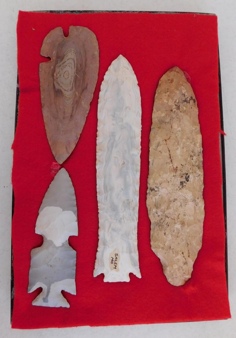 Flint Collection: Flint Collection, pre-historic items. Made of chert, the longest measures 8 1/2" long. Central Missouri. Unusual blue and white chert. Frame not included. Condition: Adena has heavy wear, see images. 