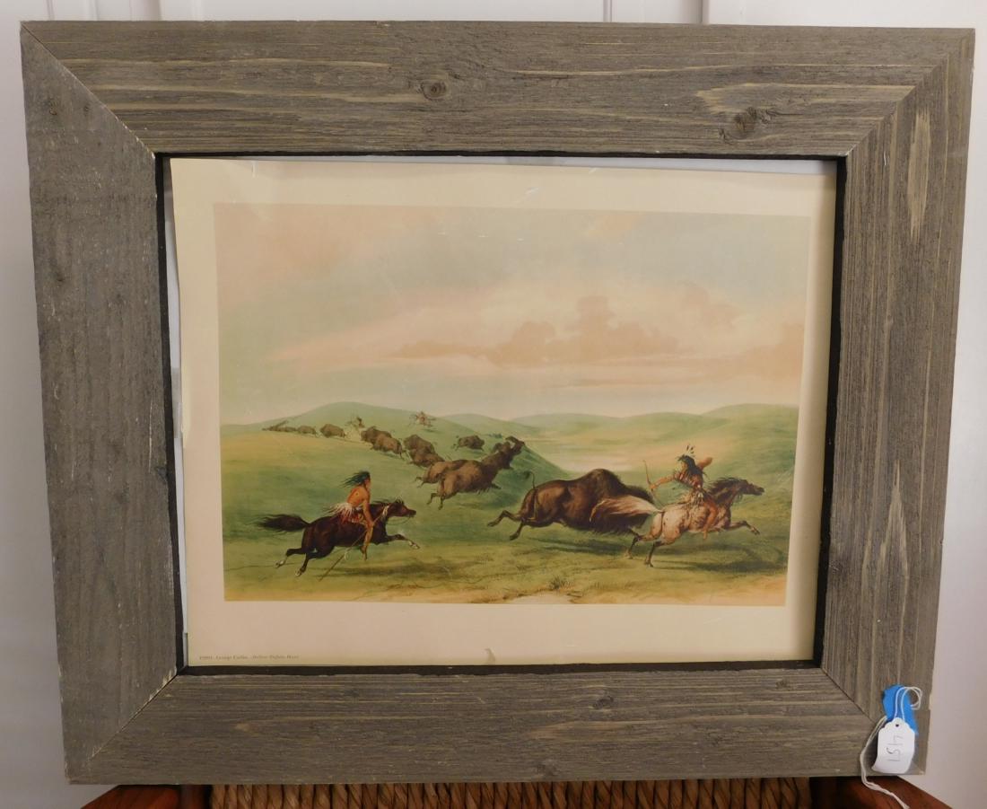 Catlin Framed Lithograph: Catlin Framed Lithograph, c. 1950. Made of wood, paper, and ink, the art measures 14" x 18" and the frame measures 20.5" x 24". George Catlin, Penn Prints, New York. "Indian Buffalo Hunt," P2991. Cond