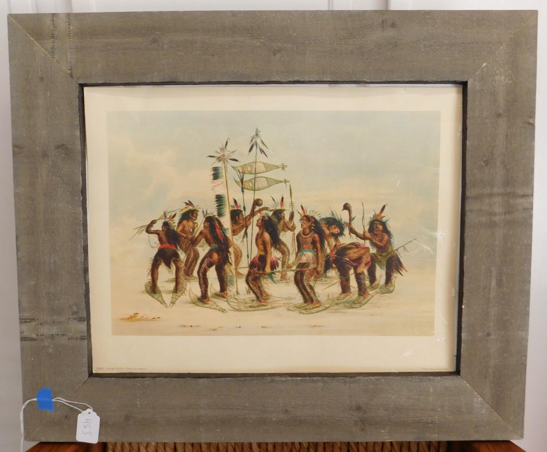 Catlin Framed Lithograph: Catlin Framed Lithograph, c. 1950. Made of wood, paper, and ink, the art measures 14" x 18" and the frame measures 20.5" x 24". George Catlin, Penn Prints, New York. "Snowshoe Dance," P2987. Condition