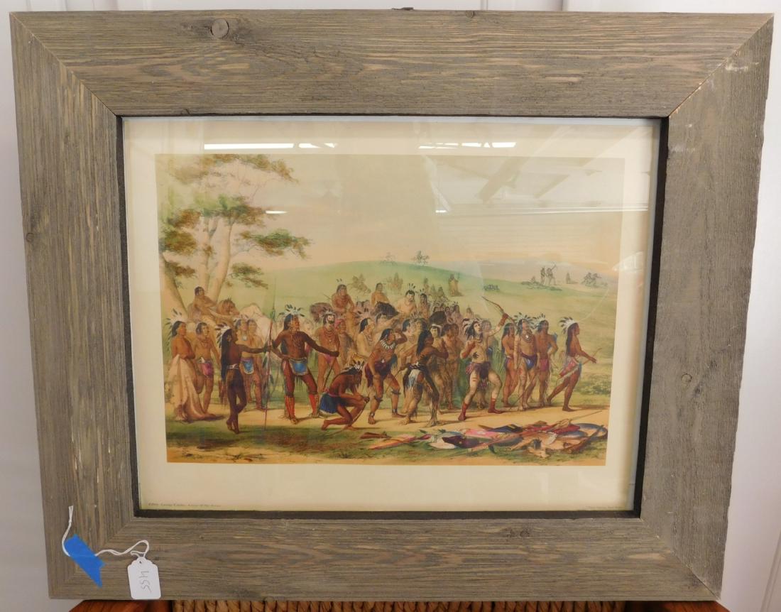 Catlin Framed Lithograph: Catlin Framed Lithograph, c. 1950. Made of wood, paper, ink and glass, the art measures 14" x 18" and the frame measures 20.5" x 24". George Catlin, Penn Prints, New York. "Game of the Arrow," P2988.