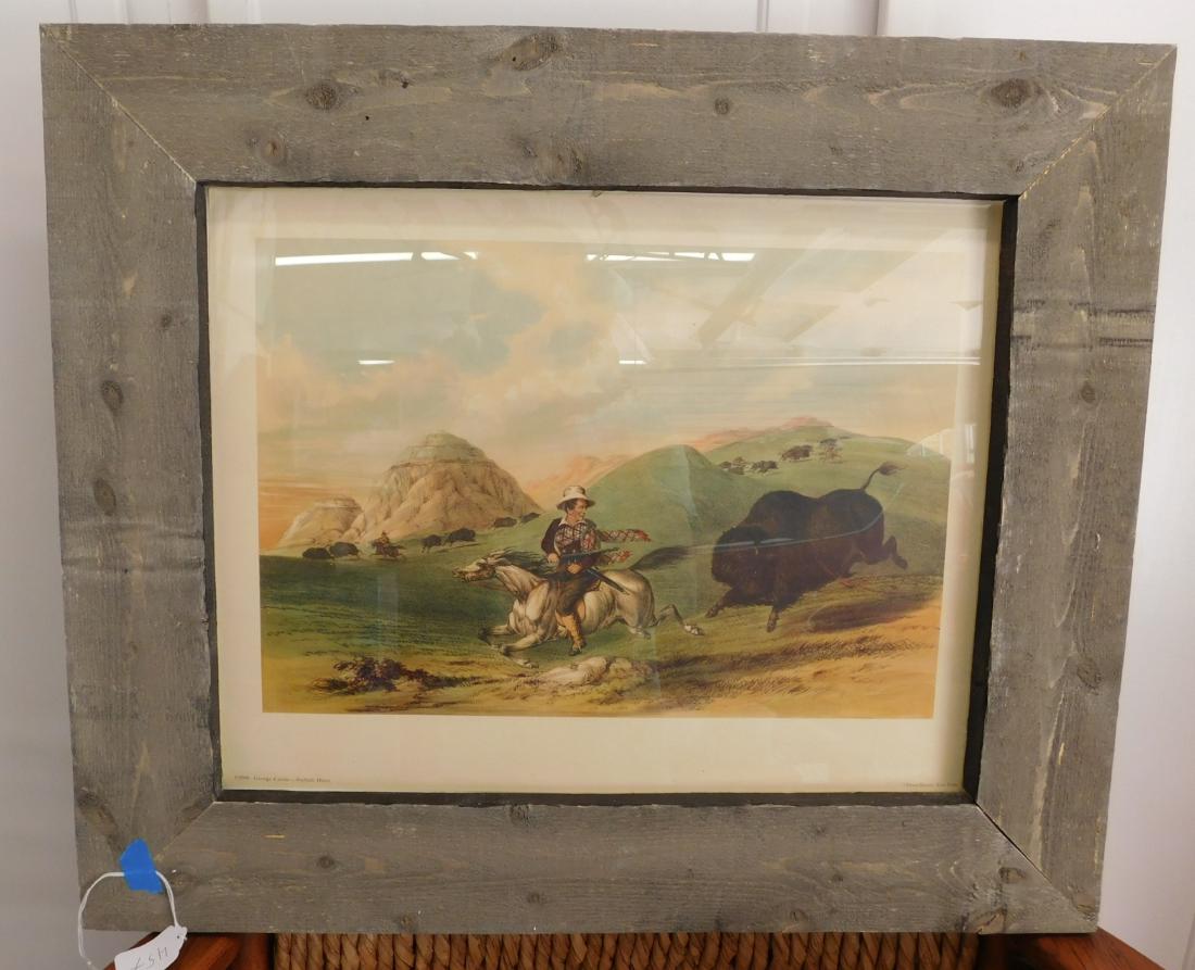 Catlin Framed Lithograph: Catlin Framed Lithograph, c. 1950. Made of wood, paper, ink and glass, the art measures 14" x 18" and the frame measures 20.5" x 24". George Catlin, Penn Prints, New York. "Buffalo Hunt," P2990. Condi