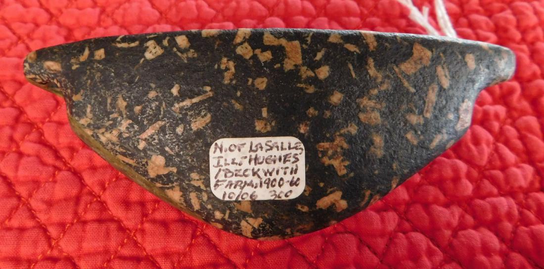 Fine Boatstone: Fine Boatstone, pre-historic item. Made of porphyry granite, the item measures 4 1/2" x 1 3/4". La Salle County, Illinois. Nice drilling on black, pink and green porphyry boatstone. Condition: Good, s