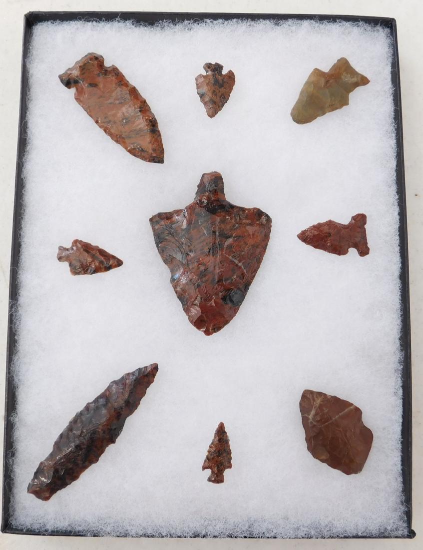 California Obsidian Collection: California Obsidian Collection, pre-historic items. Made of black and mahogany obsidian, the longest measures 3". Lake County, California. Nice pice of unusual, mahogany obsidian. Frame not included.