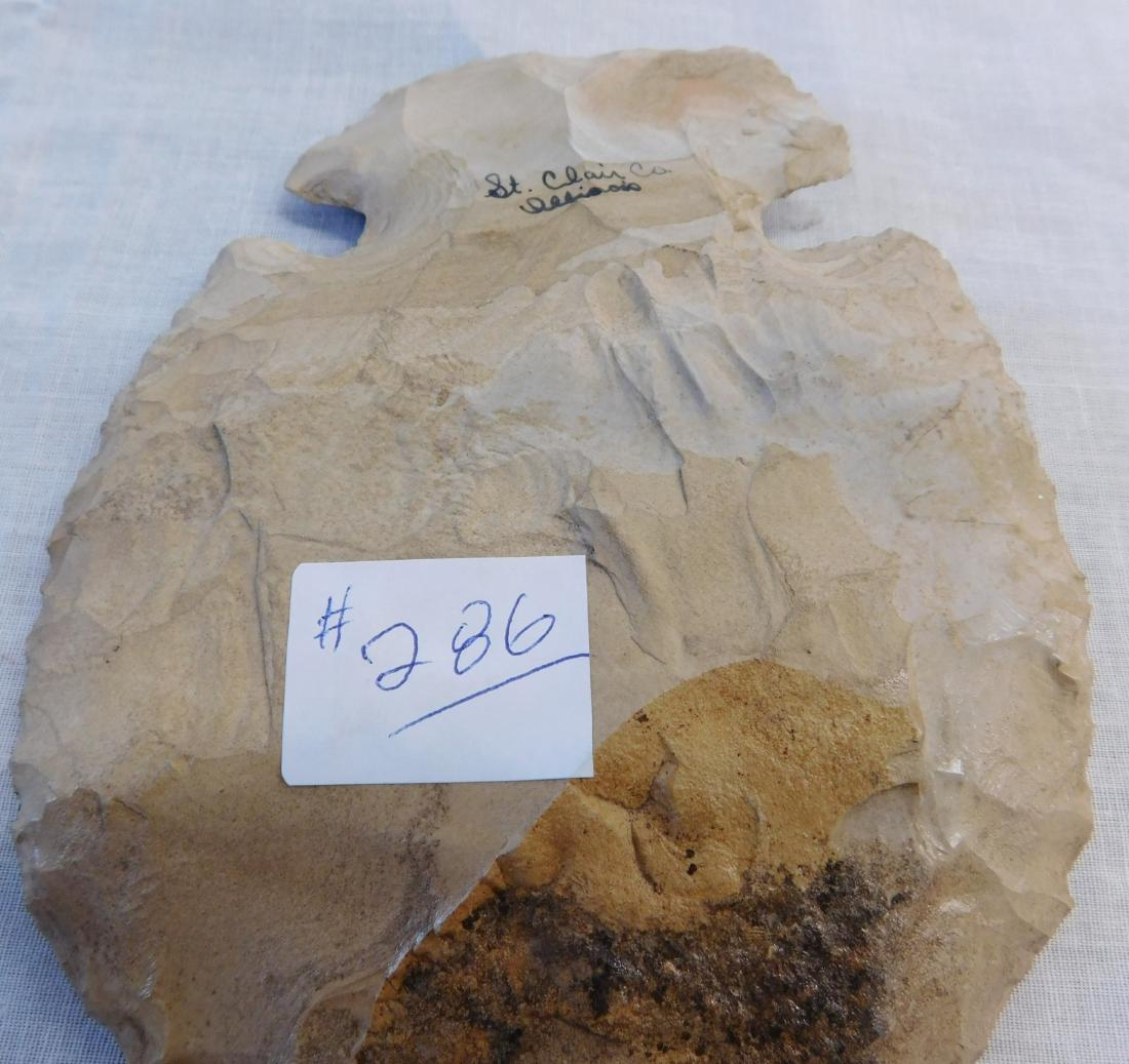 Notched Hoe: Notched Hoe, pre-historic item. Made of chert, the item measures 6 1/2" x 5 1/4". St. Clair County, Illinois. Some bit polish. Condition: Good, see images. Shipping: $22.50 w/insurance and signature.