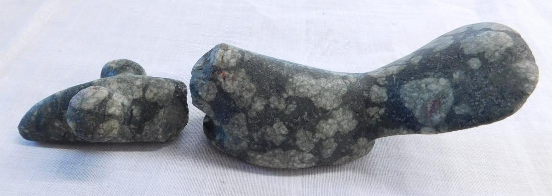 Broken Birdstone: Broken Birdstone, pre-historic item. Made of green and white porphyry, the item measures 6 1/2" x 2". Randolph County, Indiana. Found in two pieces 5 years apart! Condition: Head broken off, see image