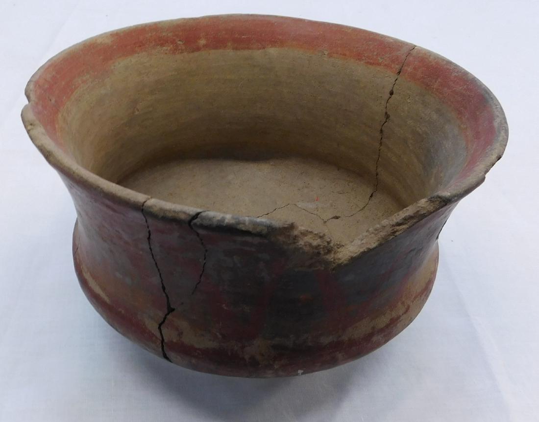 Large Mayan Bowl: Large Mayan Bowl, pre-Columbian item. Made of clay and paint, the item measures 9" x 9" x 5 1/4". Guatemala. Condition: Broken and glued, see images. Shipping: $27.50 w/insurance and signature, double
