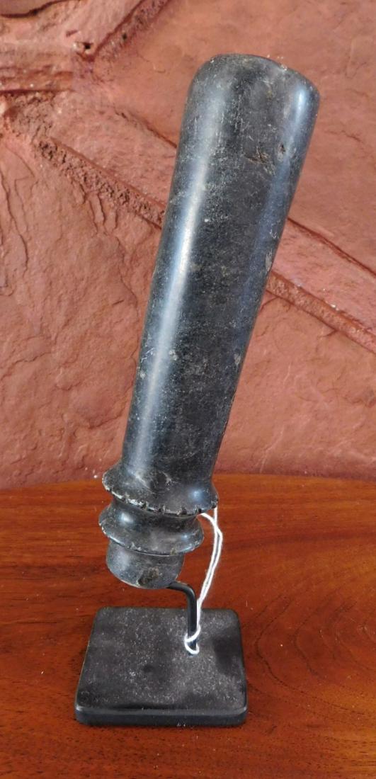 Tube Pipe w/Stand: Tube Pipe w/Stand, pre-historic item. Made of steatite, the item measures 6" x 1 1/2". Central California, Yokuts. Rings on base. Condition: Good, see images. Shipping: $18.50 w/insurance and signatur