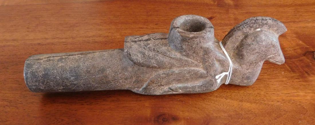 Large Bird Pipe: Large Bird Pipe, pre-historic item. Made of steatite, the item measures 9 1/4" x 2 1/2". Tennessee. Condition: Good, some scratches, see images. Shipping; $22.50 w/insurance and signature.