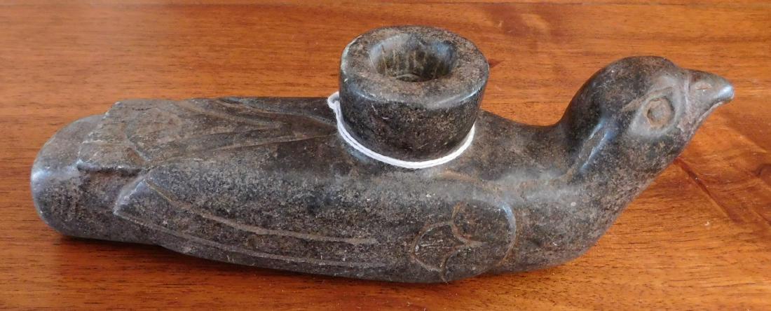 Large Bird Pipe: Large Bird Pipe, pre-historic item. Made of steatite, the item measures 8" x 2 1/2". Kentucky. Condition: Good, see images. Shipping; $18.50 w/insurance and signature.
