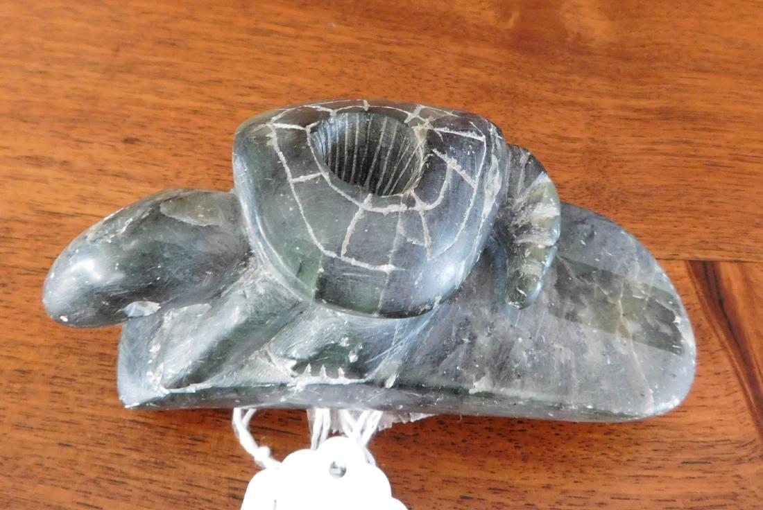 Green Turtle Pipe: Green Turtle Pipe, pre-historic item. Made of steatite, the item measures 4" x 2". Darke County, Ohio. Condition: Good, see images. Shipping: $16.50 w/insurance and signature.