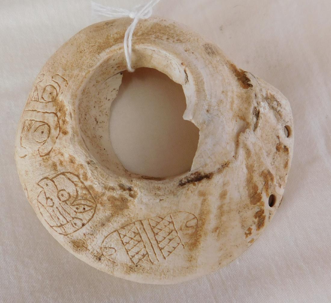 Shell Gorget Carving: Shell Gorget Carving, pre-historic item. Made of shell, the item measures 3 1/2" x 1". Stoddard County, Missouri. Pictured in Who's Who in Indian Relics, #10. Condition: Stains, see images. Shipping: