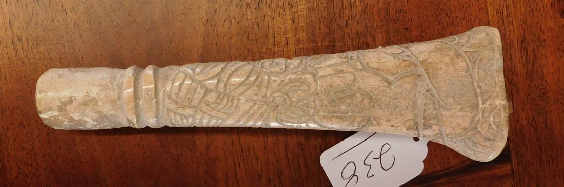 Rare Bone Mayan Carving: Rare Bone Mayan Carving, pre-Columbian item. Made of bone, the item measures 6 1/2" x 2" x 1". Guatemala. Helm COA available. From an old, 1960s California collection. Condition: Piece broken out on b