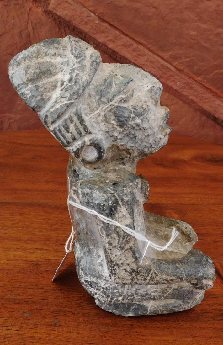 Mayan Seated Figure: Mayan Seated Figure, pre-Columbian item. Made of basalt, the item measures 7" x 3 1/2" x 3 1/2". Guatemala. Necklace, ear spools and headdress on figure. Helm COA available. From an old, 1960s Califor