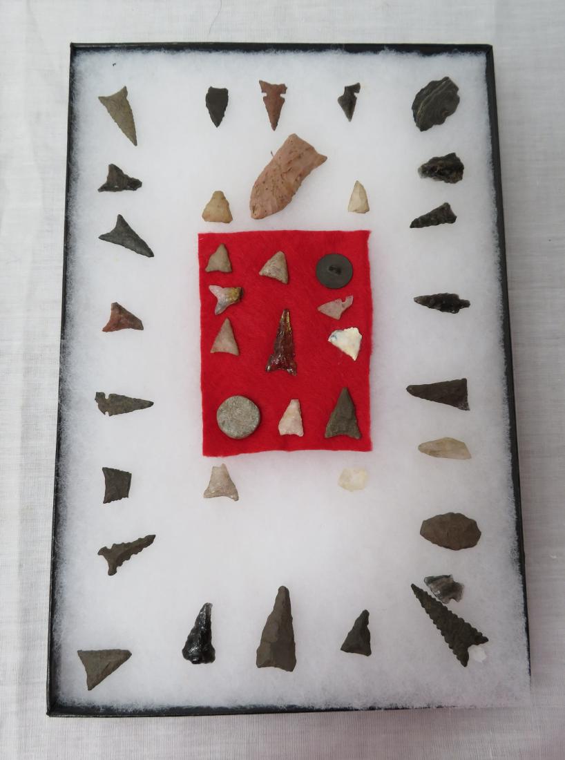 Spanish Glass Point & Bronze Button: Spanish Glass Point & Bronze Button, paleo to early historic periods. Made of chert, glass, steatite, quartz, and obsidian, the longest item measures 1 7/8". Found near Old Town San Diego, California.