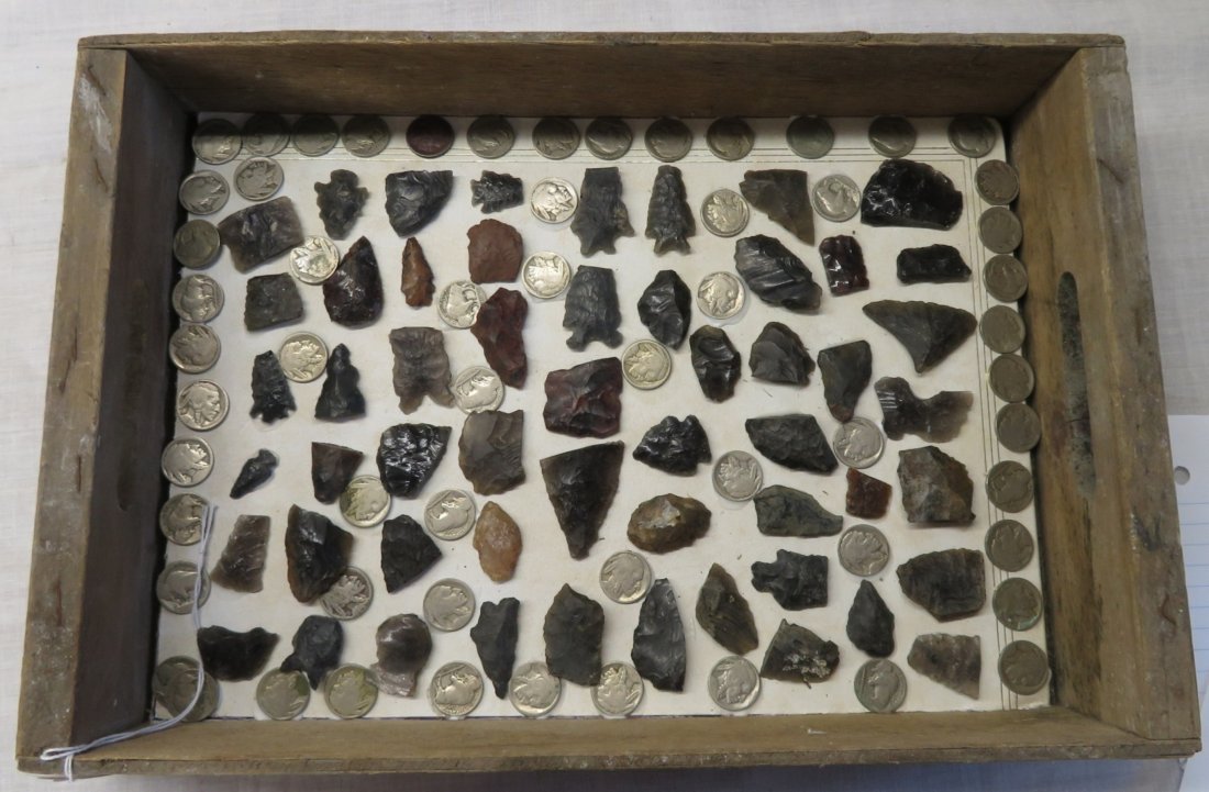 California Arrowhead Collection: California Arrowhead Collection, pre-historic items. Made of obsidian and metal, the frame measures 16" x 10 3/4" x 3 1/2, most points are 1" to 2". El Dorado County, California. Buffalo nickels and f