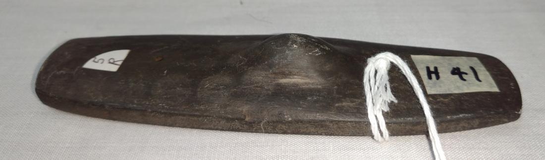 Humpback Gorget: Humpback Gorget, pre-historic item. Made of slate, the item measures 5". Clermont County, Ohio. Condition: Some wear, nick on bottom, see images. Shipping: $15.50 w/insurance and signature.