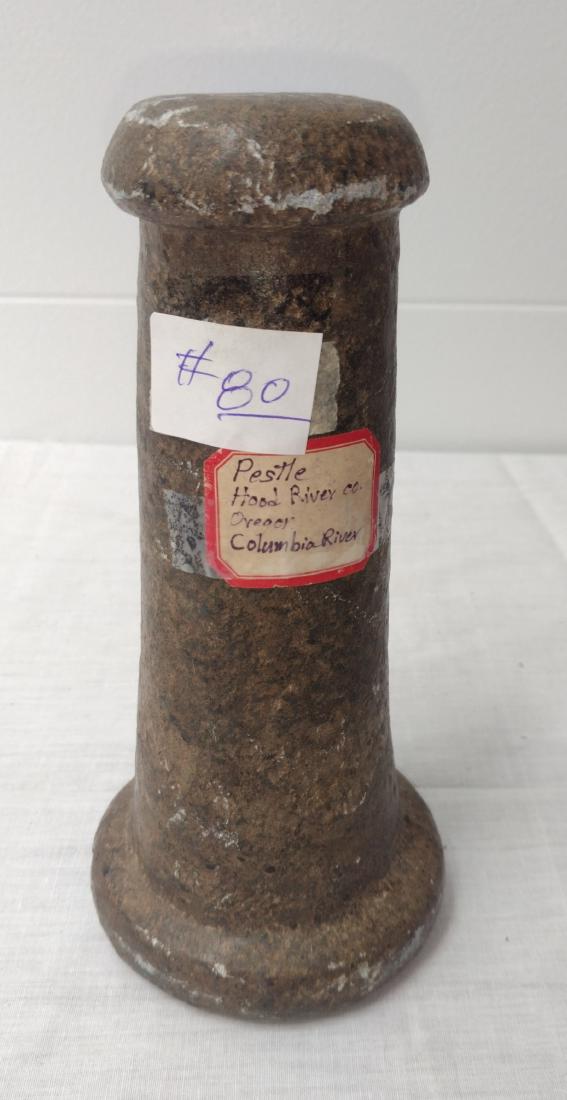 Knob Top Pestle: Knob Top Pestle, pre-historic item. Made of basalt, the item measures 9" tall. Hood River, Oregon. Condition: Shovel ding on base, see images. $26.50 w/insurance and signature.