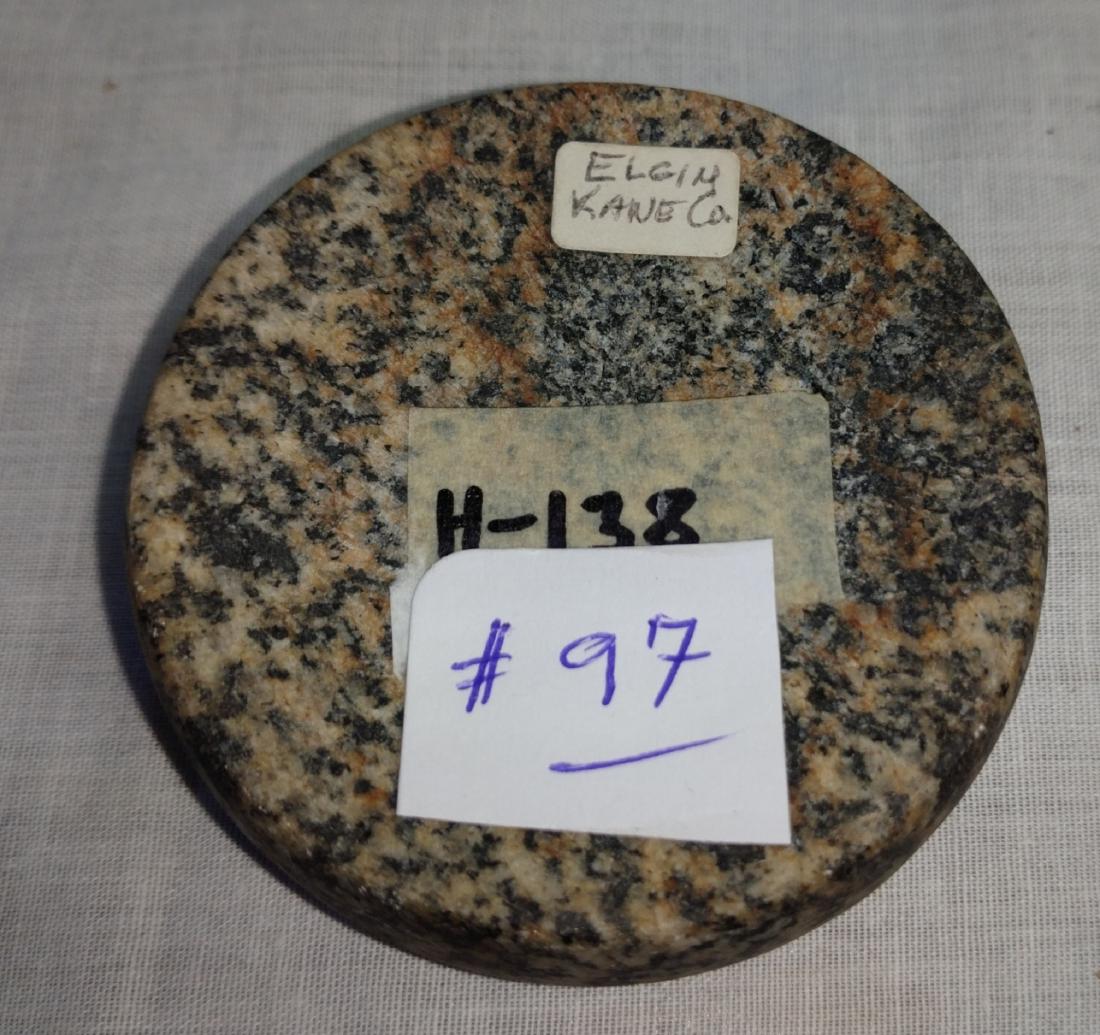 Discoidal Stone: Discoidal Stone, pre-historic item. Made of black and white granite, 2 3/4" x 3/4". Elgin, Kane County. Condition: Good, see images. Shipping: $14.50 w/insurance and signature.