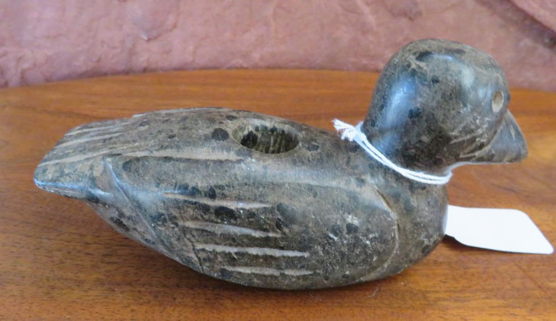 Effigy Bird Pipe: Effigy Bird Pipe, pre-historic item. Made of steatite, the item measures 6" x 2" x 3". Ohio. Condition: As found, see images. Shipping: $23.50 w/insurance and signature.