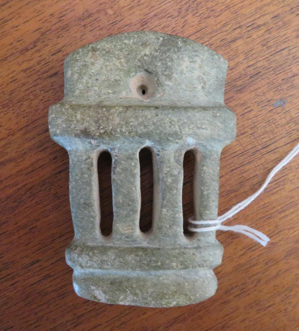 Mezcala Stone Temple: Mezcala Stone Temple, pre-Columbian item. Made of basalt, the item measures 2 1/2" x 3 1/2" x 3/4". Mezcala, Guerrero, Mexico. From an old, 1960s California collection. Condition: Good, see images. Sh