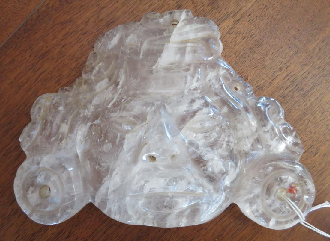 Quartz Crystal Mask: Quartz Crystal Mask, pre-Columbian item. Made of quartz crystal, the item measures 6 3/4" x 5" x 1 3/4". Mayan, Yucatan, Mexico. From an old, 1960s California collection. Condition: Good, as found, se