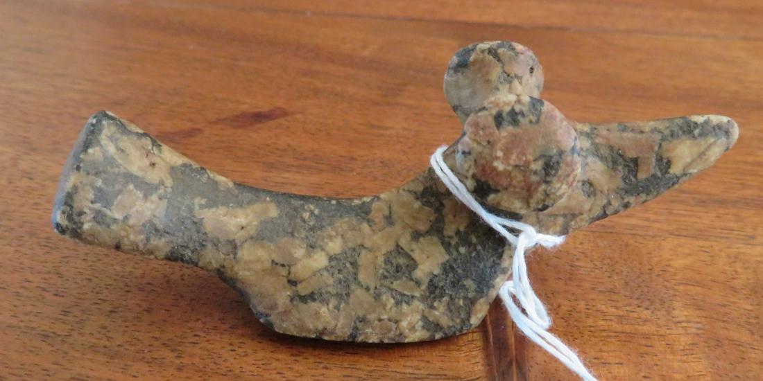 Popeyed Birdstone: Popeyed Birdstone, pre-historic item. Made of granite, the item measures 3 7/8" x 1 1/4" x 1 3/4". Stark County, Ohio. Condition: Good, see images. Shipping: $16.50 w/insurance and signature.