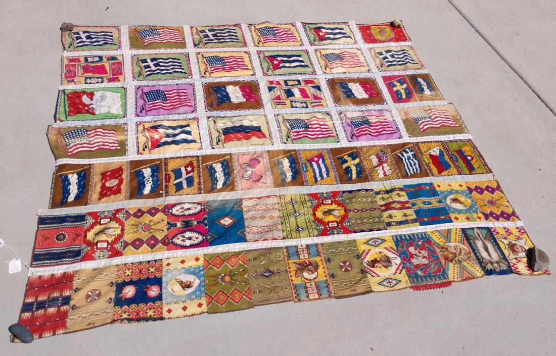 Cigar Box Label Swatch Blanket: Cigar Box Label Swatch Blanket, early 20th century item. Made of cotton and dye, the item measures 65" x 58". USA. 63 squares. Flags and Native American-style scenes. Condition: Good, pre-owned, see i