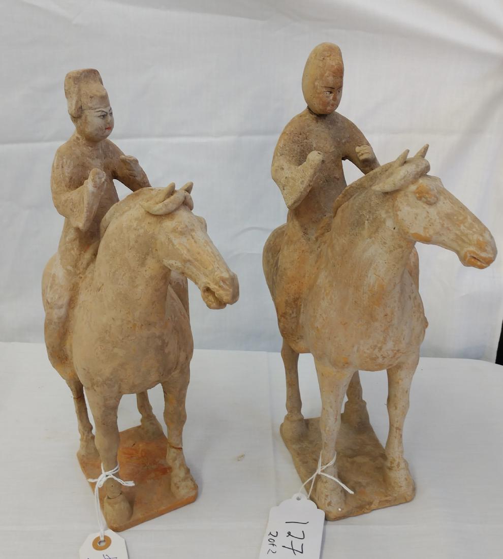 Pair of Horse & Rider Chinese Figures w/John Jordan COA: Pair of Horse & Rider Chinese Figures w/John Jordan COA, late Ming dynasty. Made of clay, the items measure approx. 15" x 10" x 5". China. John Jordan Certificate of Authenticity. Condition: 1 tail go