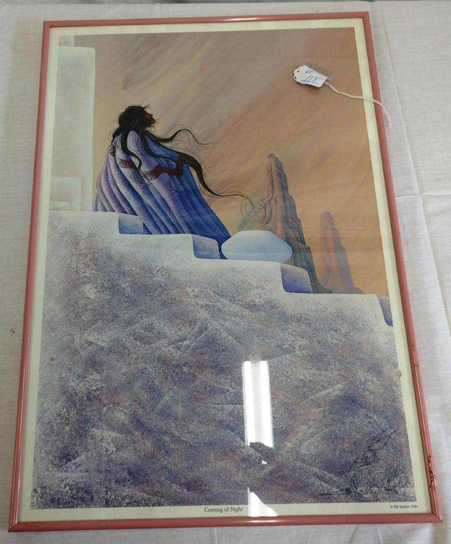 Signed Print by Bill Rabbit: Signed Print by Bill Rabbit, 1989. Made of glass, wood and paper, the item measures 25 1/2" x 17 1/2". Bill Rabbit. Signed, appears to be an artist proof. "Coming of Night." Condition: Good, see image