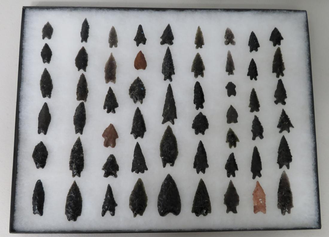 California Obsidian Collection: California Obsidian Collection, pre-historic items. Made of mostly obsidian stone, the items measure from 1" to 2 1/4". Sutter County, California. Pinto basins. From a 60-year-old California collectio