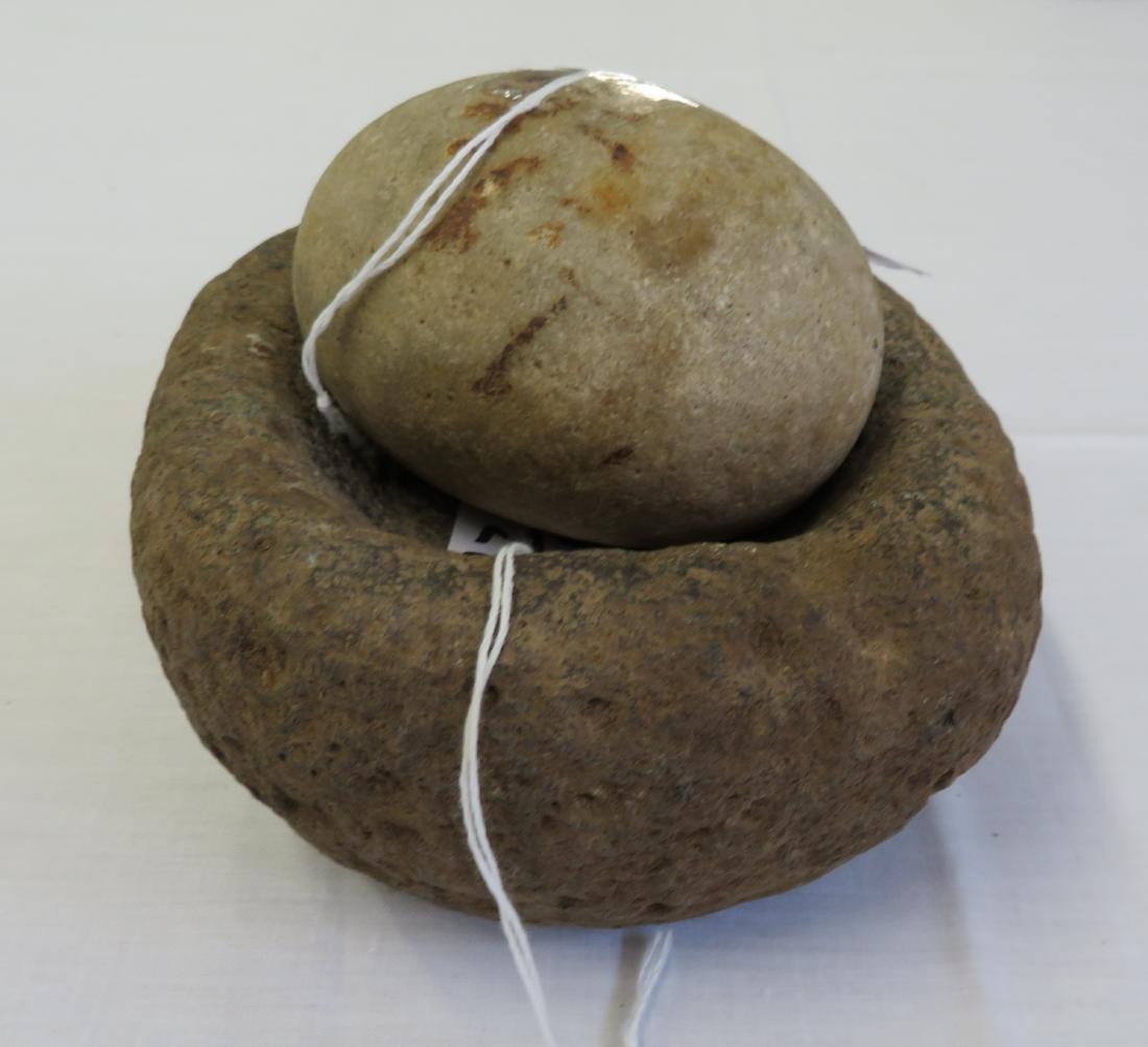 Chumash Mortar & Pestle: Chumash Mortar & Pestle, pre-historic item. Made of basalt, the item measures 6" x 5" x 2 1/2", pestle masures 4" x 3". Santa Barbara County, California. Condition: Good, see images. Shipping: $35.00 