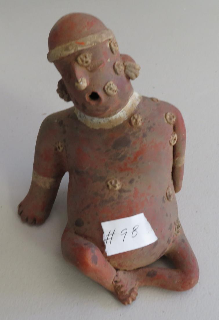 Pre-Columbian-style Figure: Pre-Columbian-style Figure, 20th century item. Made of clay and paint, the item measures 7" x 6" x 5". Mexico. Appears to have boils. Condition: Good, see images. Shipping: $28.50 w/insurance and sign