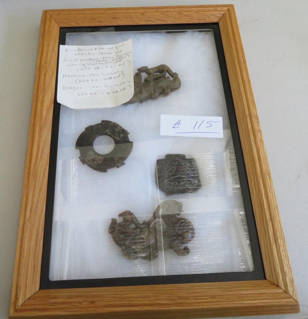 4 Chinese Jade Carvings: 4 Chinese Jade Carvings, Zhou and Han dynasties. Made of jade, the items measure from 2" to 3". China. Frame not included. Condition: Good, see images. Shipping: $23.50 w/insurance and signature.