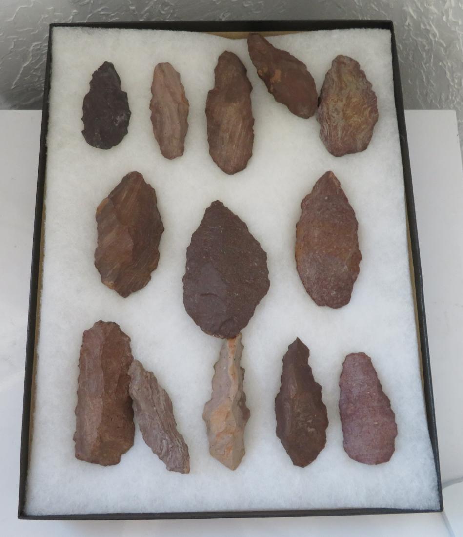 Collection of Paleo Tools: Collection of Paleo Tools, paleo items. Made of basalt, chert and felsite, the largest item measures 4 1/2". Owens Valley, Bishop, California. Biface, knives and choppers, frame not included. Conditio