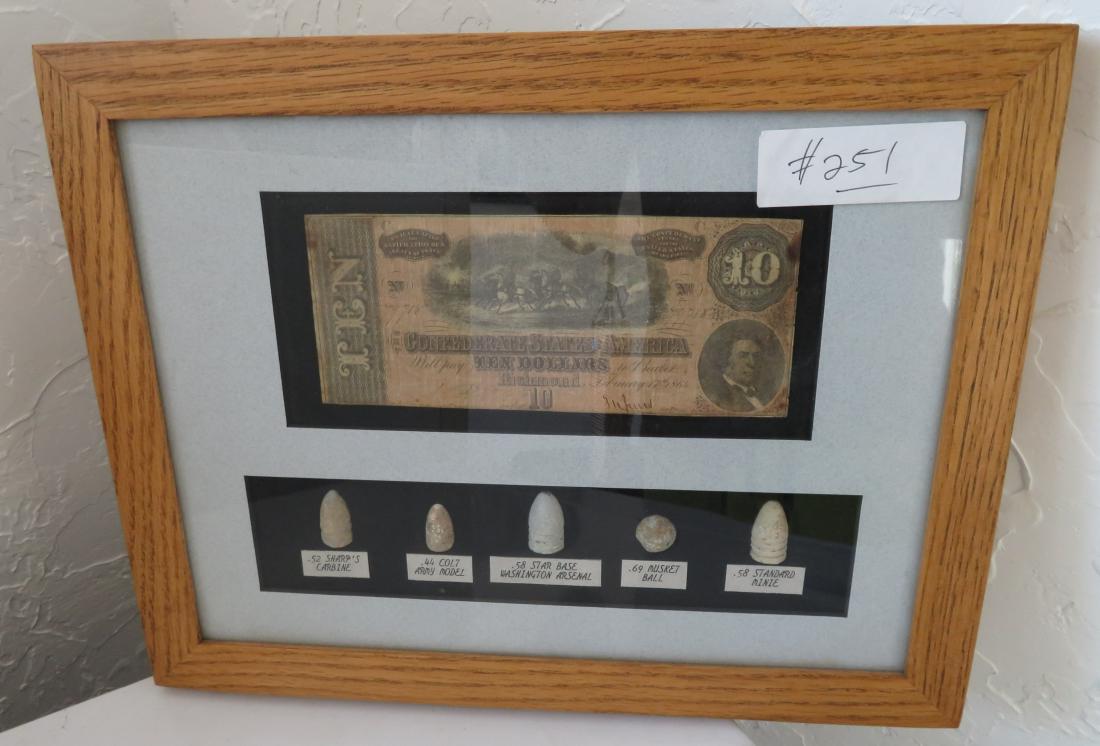 Civil War Relics Frame: Civil War Relics Frame, c. 1860s. Made of lead and paper, the bill measures 7". Confederate States, USA. Frame included. Condition: Good, see images. Shipping: $24.50 w/insurance and signature.