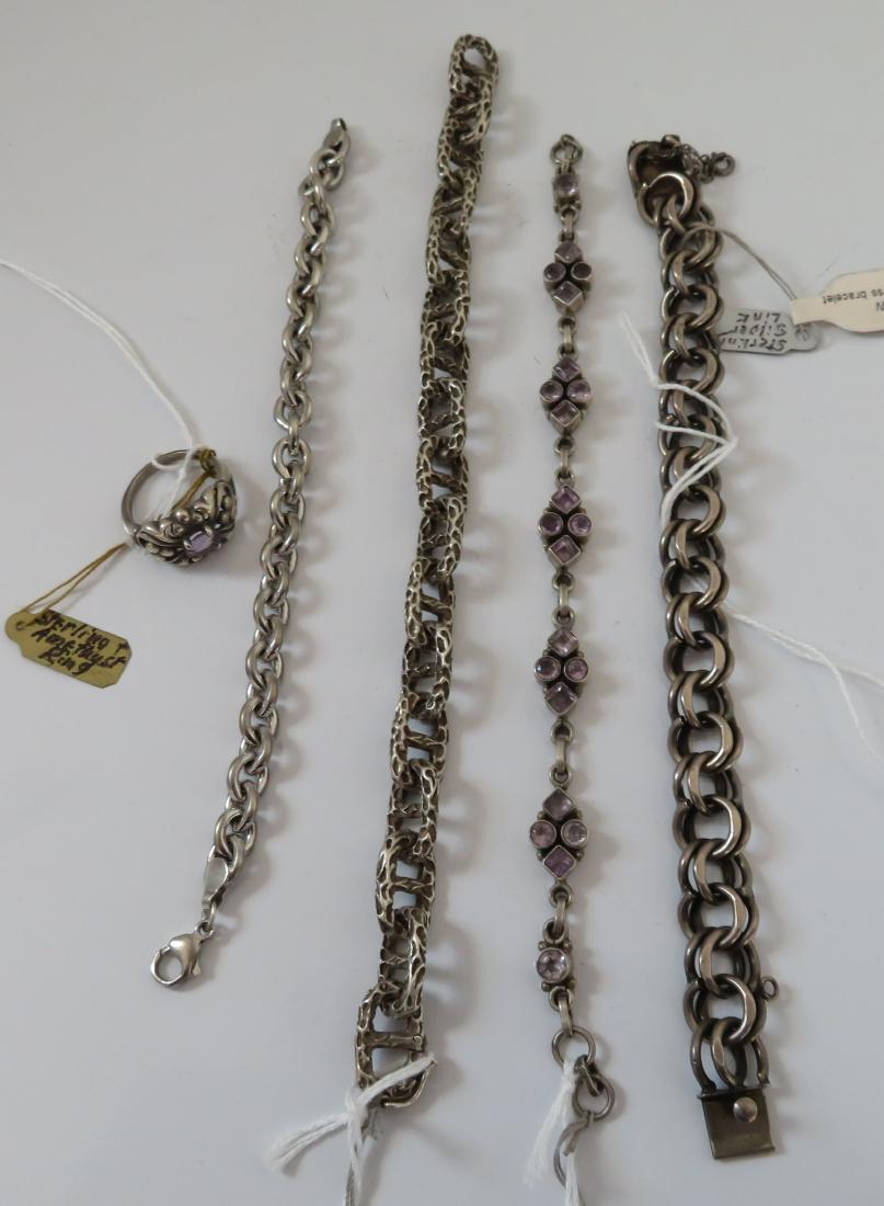 Sterling Silver Bracelets & Ring: Sterling Silver Bracelets & Ring, antique items. Made of sterling silver and amethyst, the bracelets measure approx. 7"-8" long, and size 7 1/2 ring. Mexico, other regions. Condition: Good, nice patin