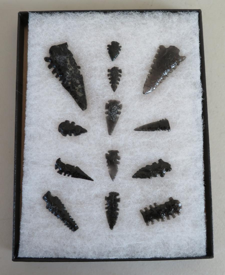 Collection of Obsidian Artifacts: Collection of Obsidian Artifacts, pre-historic items. Made of obsidian, the largest measures 2 1/2". Stockton, California. Very rare serrated Stockton points. Frame not included. Condition: Many damag