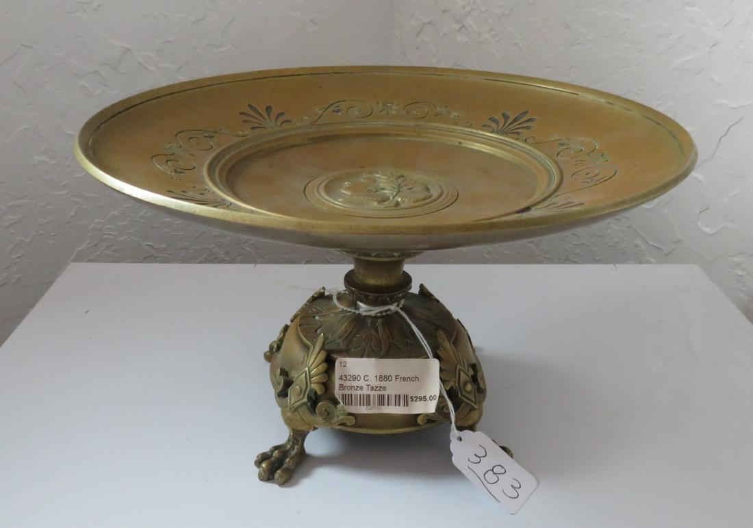 Antique French Bronze Tazza: Antique French Bronze Tazza, c. 1880s. Made of bronze, the item measures 10 3/4" wide x 6" tall with a 5" base. French. 1880s bronze shallow, saucer-like dish with stand. Unique design, intricate work